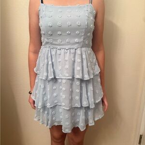 Light Blue Tiered Dress with Floral Details